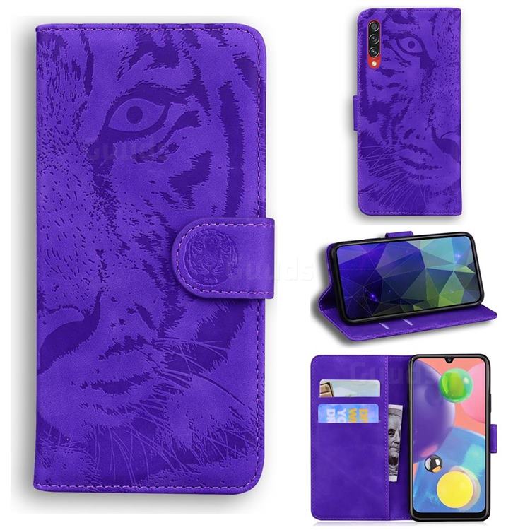 Intricate Embossing Tiger Face Leather Wallet Case for Samsung Galaxy A70 - Purple