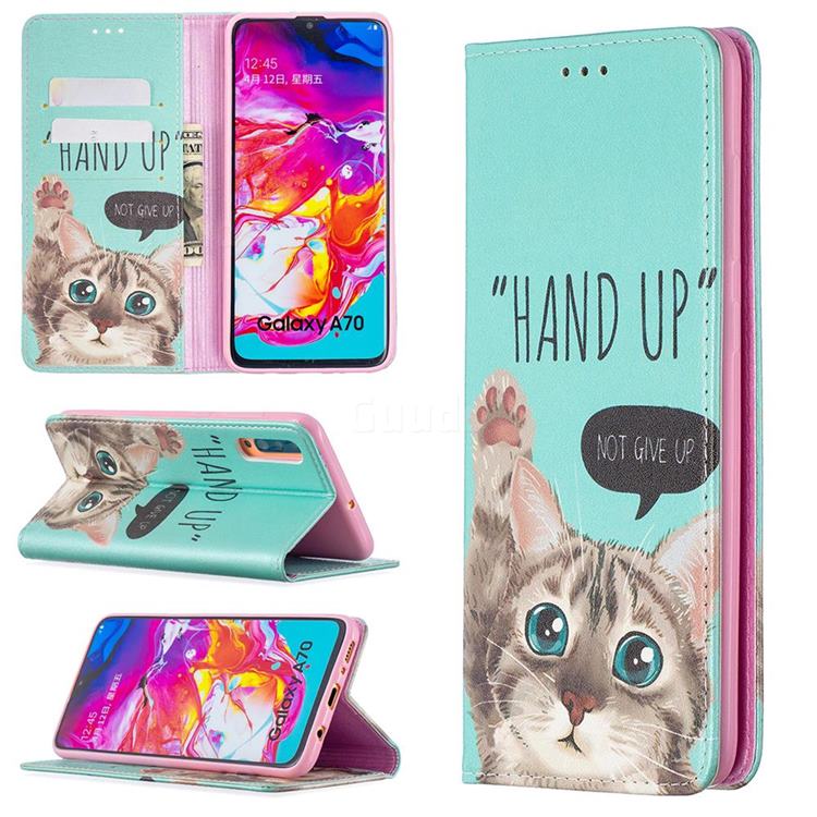 Hand Up Cat Slim Magnetic Attraction Wallet Flip Cover for Samsung Galaxy A70