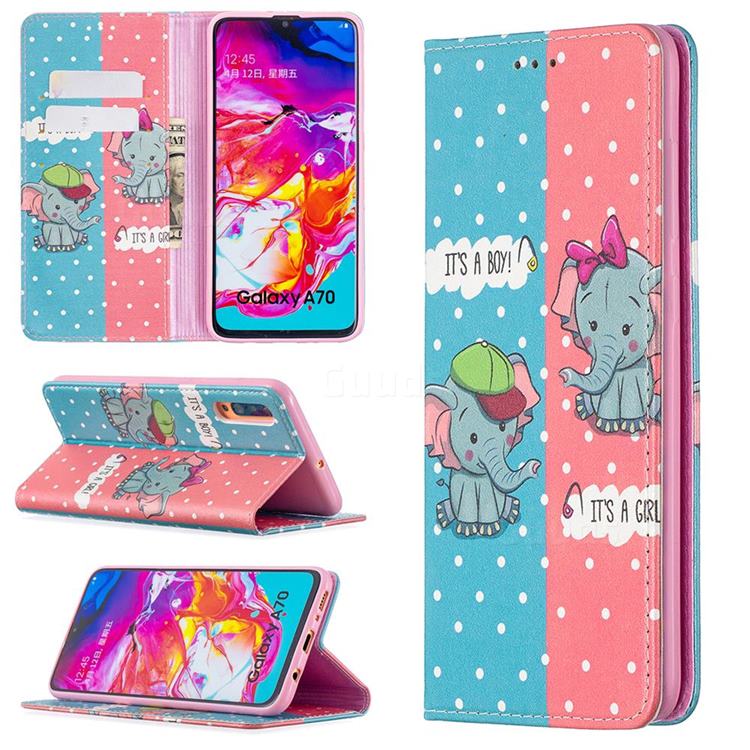 Elephant Boy and Girl Slim Magnetic Attraction Wallet Flip Cover for Samsung Galaxy A70
