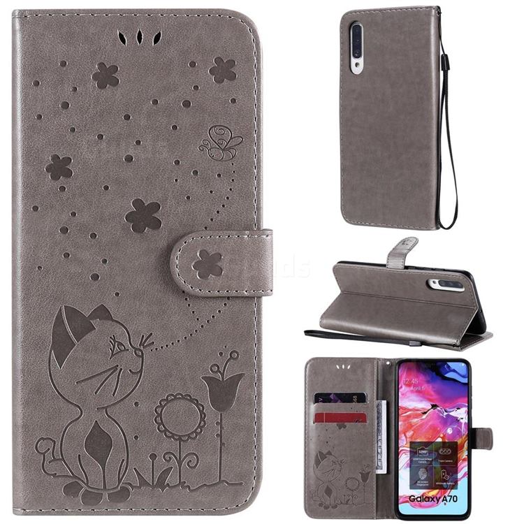 Embossing Bee and Cat Leather Wallet Case for Samsung Galaxy A70 - Gray