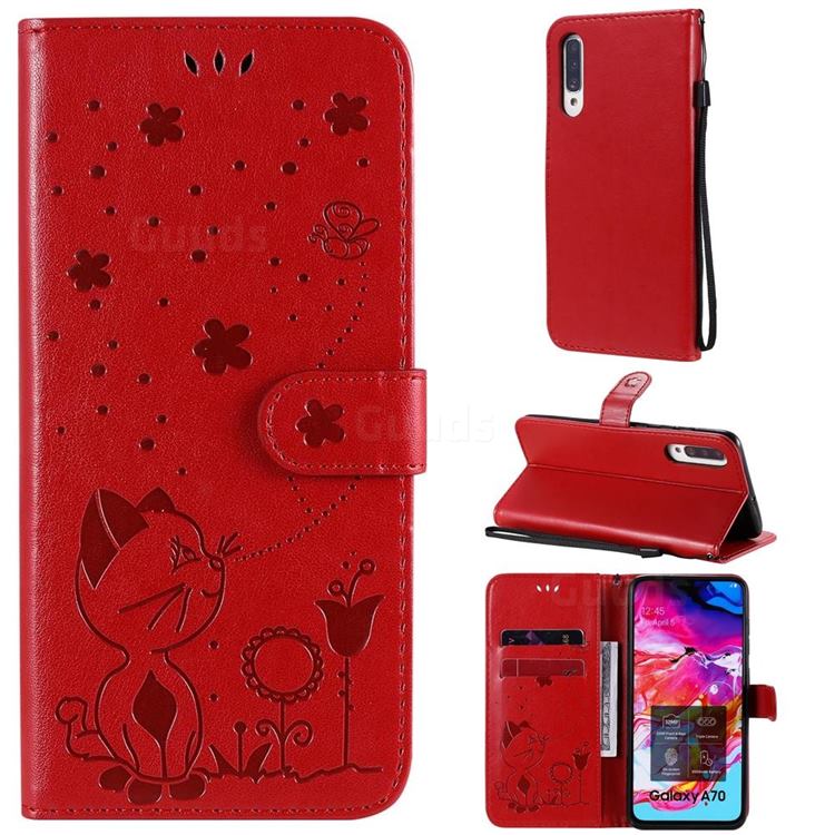 Embossing Bee and Cat Leather Wallet Case for Samsung Galaxy A70 - Red