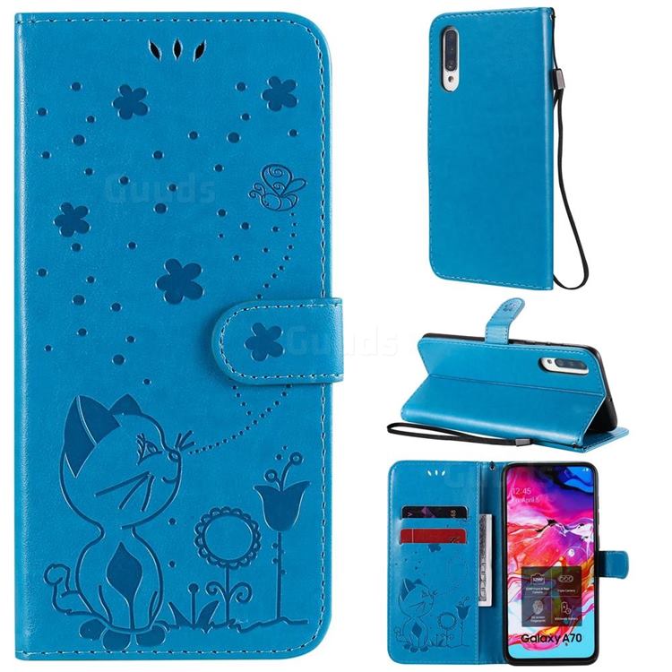 Embossing Bee and Cat Leather Wallet Case for Samsung Galaxy A70 - Blue