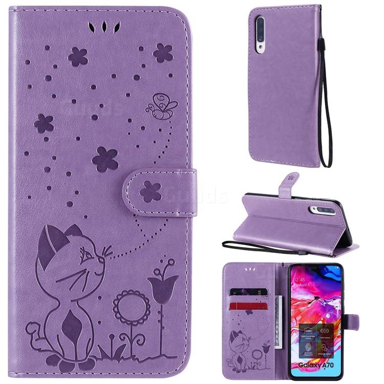 Embossing Bee and Cat Leather Wallet Case for Samsung Galaxy A70 - Purple