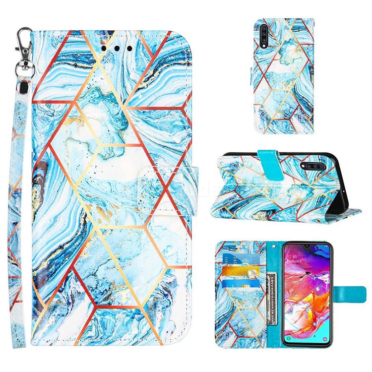 Lake Blue Stitching Color Marble Leather Wallet Case for Samsung Galaxy A70