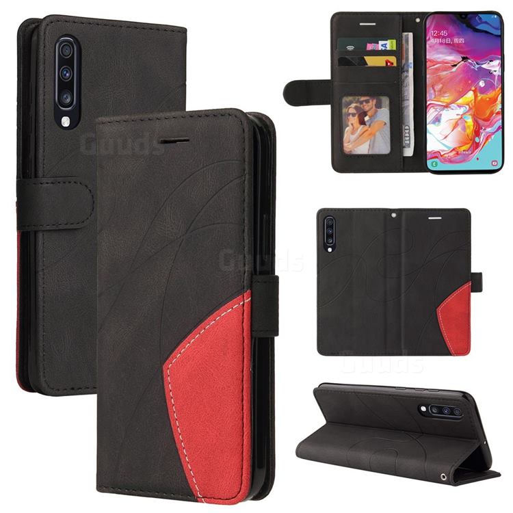 Luxury Two-color Stitching Leather Wallet Case Cover for Samsung Galaxy A70 - Black