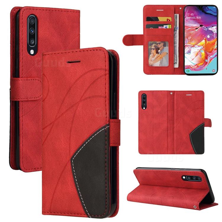 Luxury Two-color Stitching Leather Wallet Case Cover for Samsung Galaxy A70 - Red