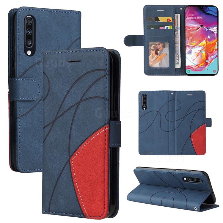 Luxury Two-color Stitching Leather Wallet Case Cover for Samsung Galaxy A70 - Blue