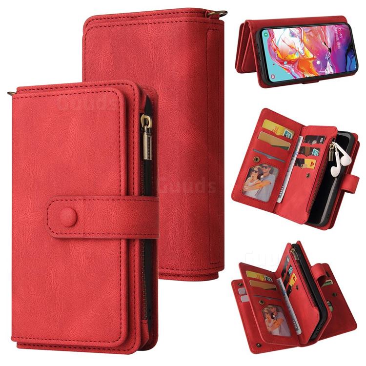 Luxury Multi-functional Zipper Wallet Leather Phone Case Cover for Samsung Galaxy A70 - Red