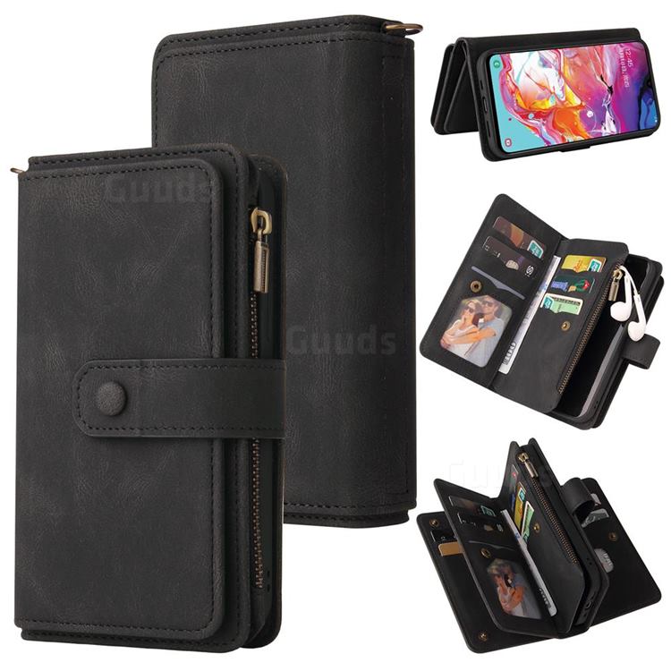 Luxury Multi-functional Zipper Wallet Leather Phone Case Cover for Samsung Galaxy A70 - Black