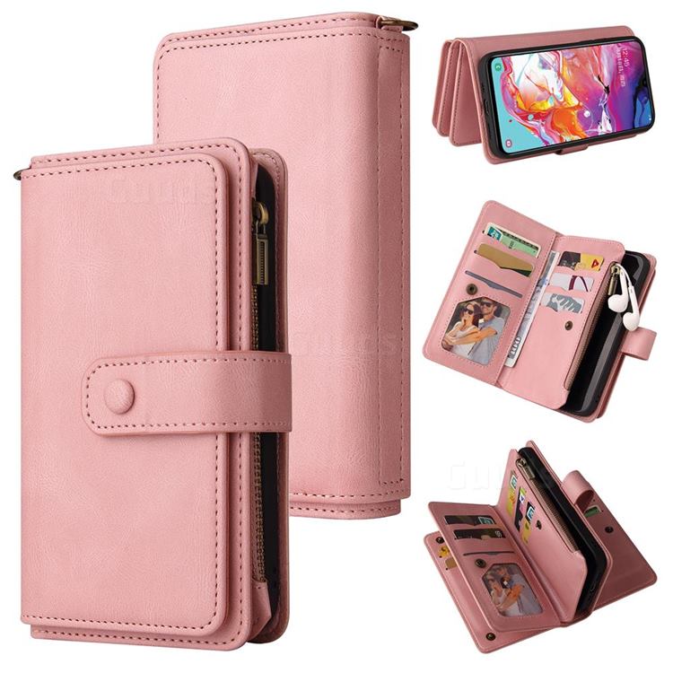 Luxury Multi-functional Zipper Wallet Leather Phone Case Cover for Samsung Galaxy A70 - Pink