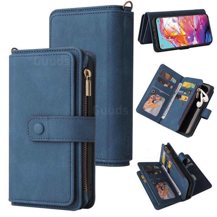 Luxury Multi-functional Zipper Wallet Leather Phone Case Cover for Samsung Galaxy A70 - Blue