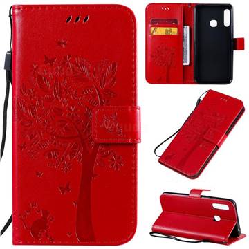 Embossing Butterfly Tree Leather Wallet Case for Samsung Galaxy A70e - Red