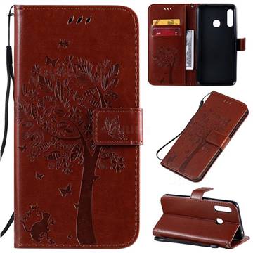 Embossing Butterfly Tree Leather Wallet Case for Samsung Galaxy A70e - Coffee