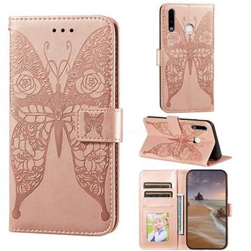 Intricate Embossing Rose Flower Butterfly Leather Wallet Case for Samsung Galaxy A70e - Rose Gold