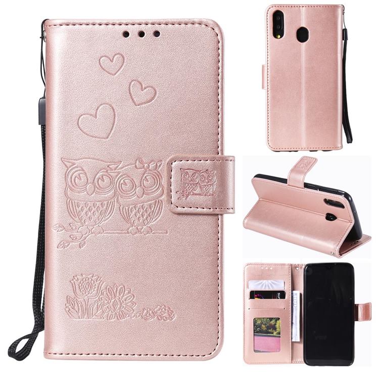 Embossing Owl Couple Flower Leather Wallet Case for Samsung Galaxy A70e - Rose Gold