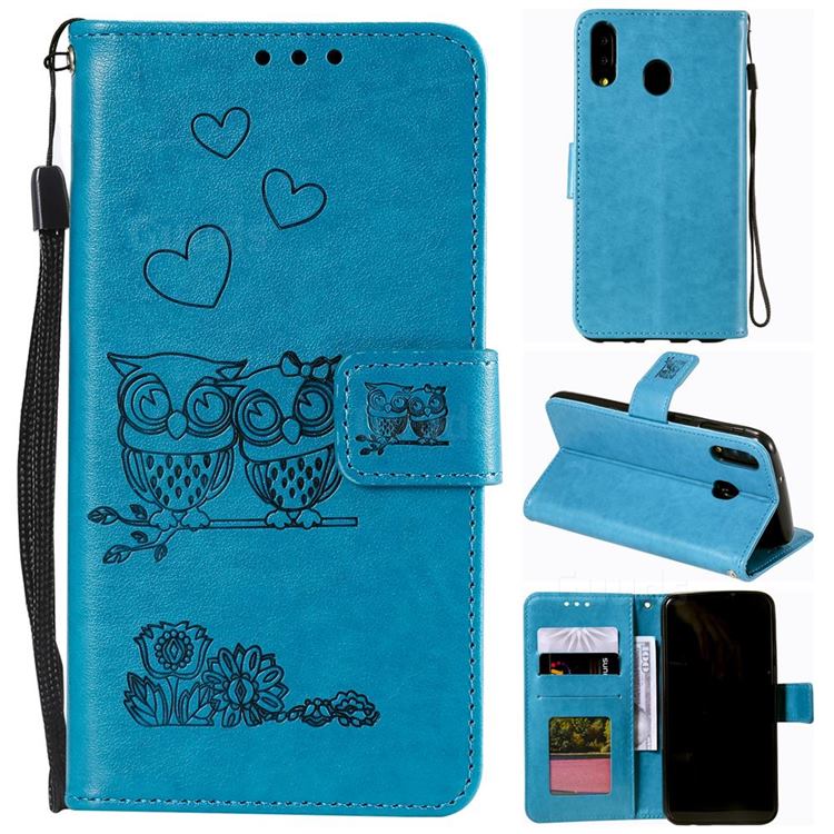 Embossing Owl Couple Flower Leather Wallet Case for Samsung Galaxy A70e - Blue