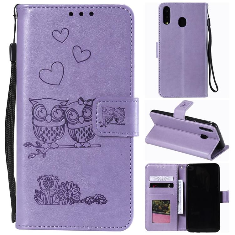 Embossing Owl Couple Flower Leather Wallet Case for Samsung Galaxy A70e - Purple