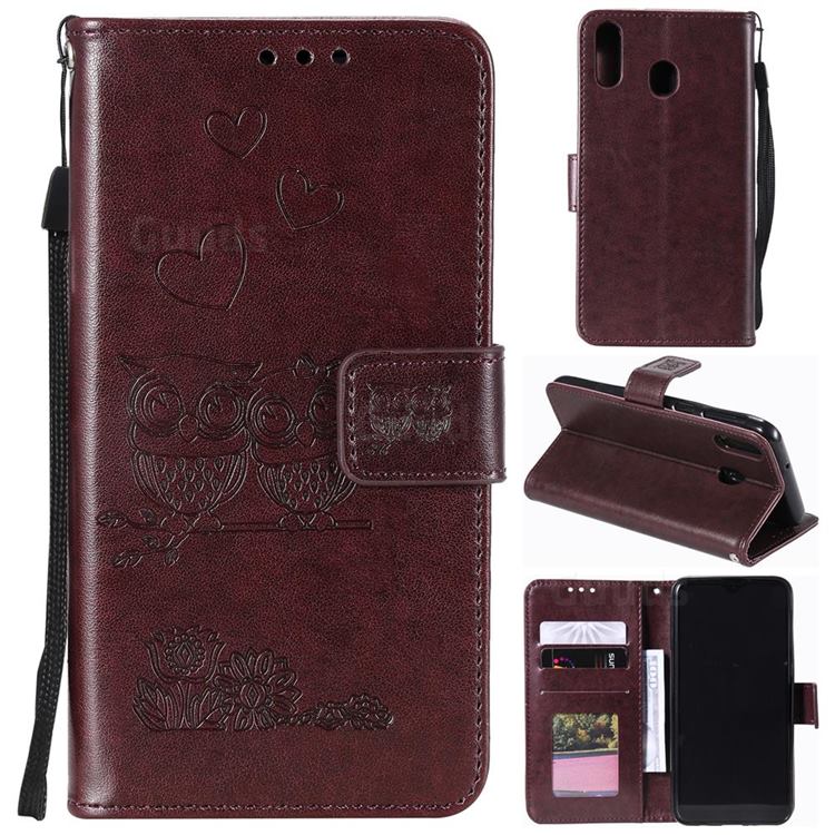 Embossing Owl Couple Flower Leather Wallet Case for Samsung Galaxy A70e - Brown