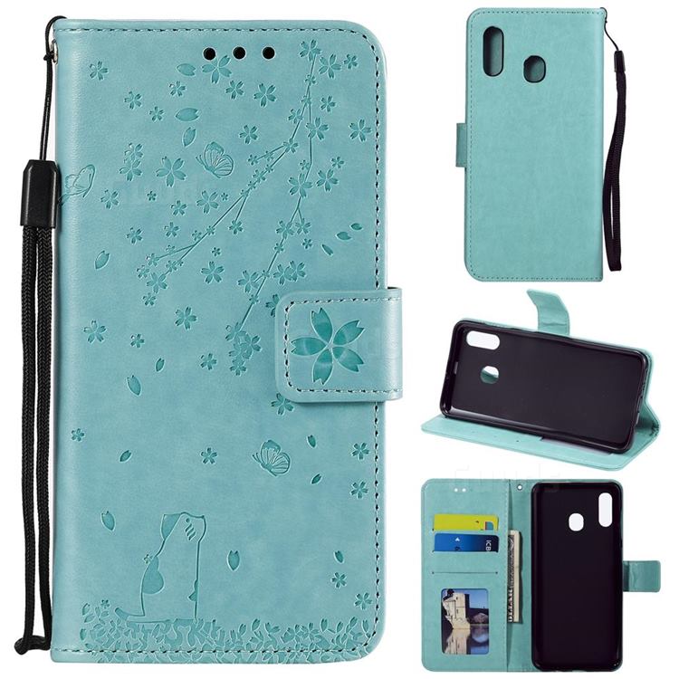 Embossing Cherry Blossom Cat Leather Wallet Case for Samsung Galaxy A70e - Green