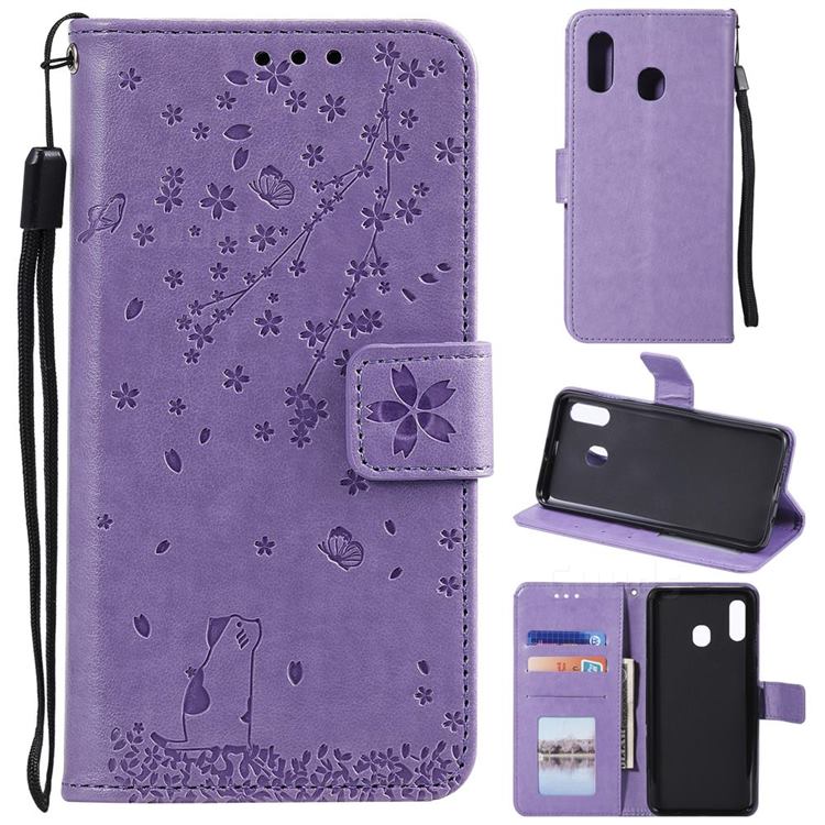 Embossing Cherry Blossom Cat Leather Wallet Case for Samsung Galaxy A70e - Purple