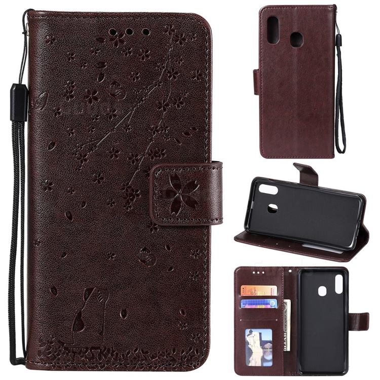 Embossing Cherry Blossom Cat Leather Wallet Case for Samsung Galaxy A70e - Brown