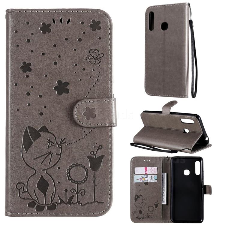 Embossing Bee and Cat Leather Wallet Case for Samsung Galaxy A70e - Gray