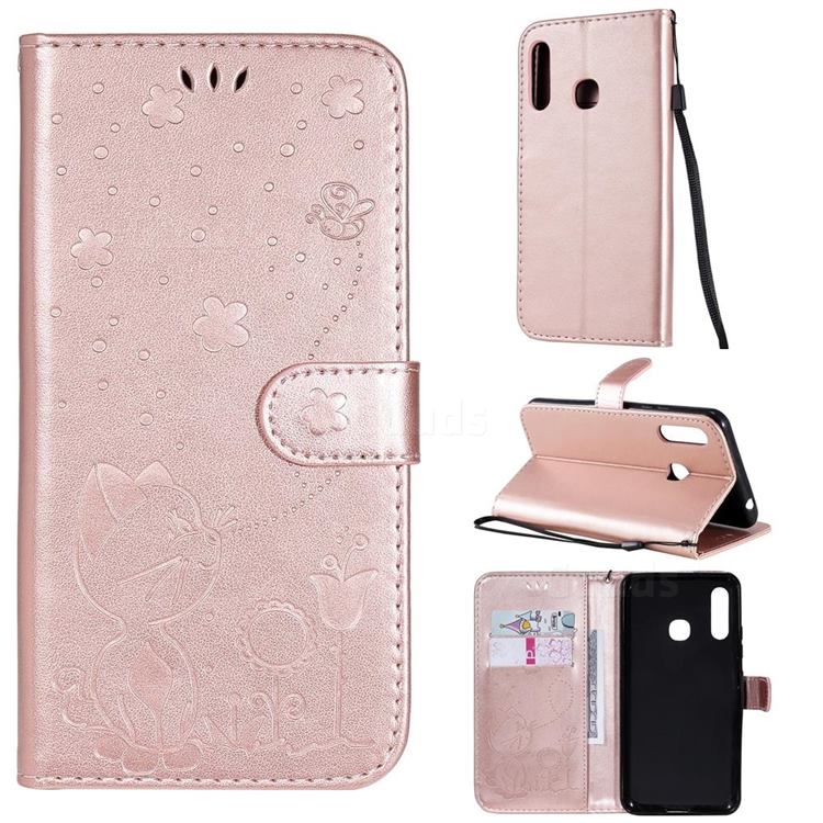 Embossing Bee and Cat Leather Wallet Case for Samsung Galaxy A70e - Rose Gold