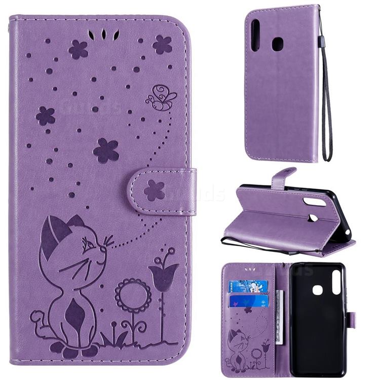 Embossing Bee and Cat Leather Wallet Case for Samsung Galaxy A70e - Purple