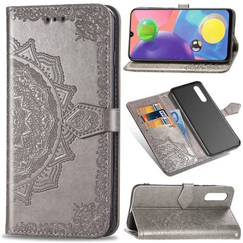 Embossing Imprint Mandala Flower Leather Wallet Case for Samsung Galaxy A70s - Gray