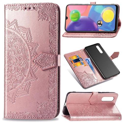 Embossing Imprint Mandala Flower Leather Wallet Case for Samsung Galaxy A70s - Rose Gold