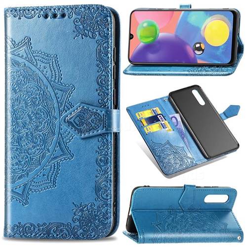 Embossing Imprint Mandala Flower Leather Wallet Case for Samsung Galaxy A70s - Blue