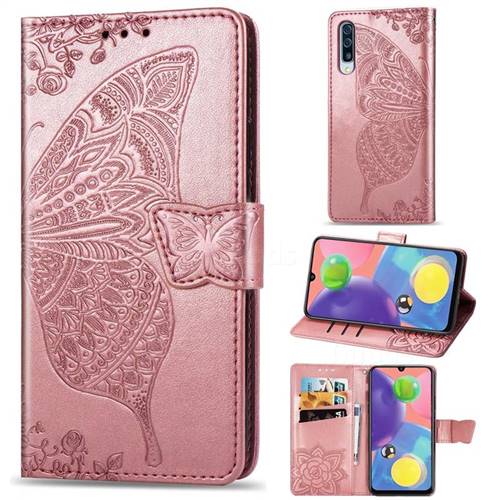 Embossing Mandala Flower Butterfly Leather Wallet Case for Samsung Galaxy A70s - Rose Gold