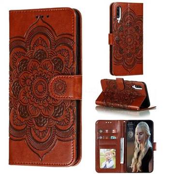 Intricate Embossing Datura Solar Leather Wallet Case for Samsung Galaxy A70s - Brown