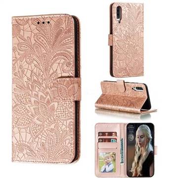 Intricate Embossing Lace Jasmine Flower Leather Wallet Case for Samsung Galaxy A70s - Rose Gold