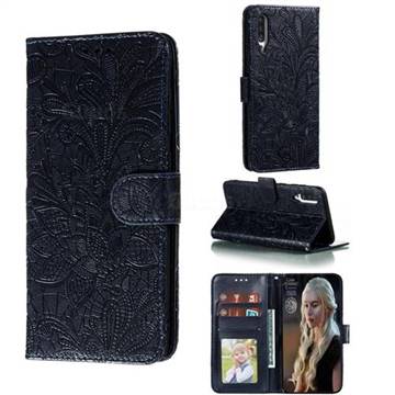 Intricate Embossing Lace Jasmine Flower Leather Wallet Case for Samsung Galaxy A70s - Dark Blue