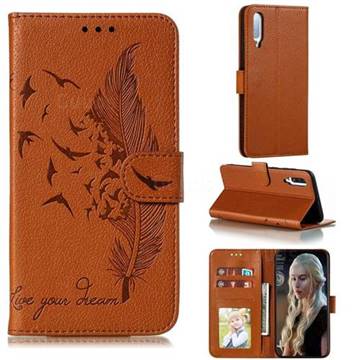 Intricate Embossing Lychee Feather Bird Leather Wallet Case for Samsung Galaxy A70s - Brown