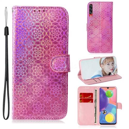 Laser Circle Shining Leather Wallet Phone Case for Samsung Galaxy A70s - Pink