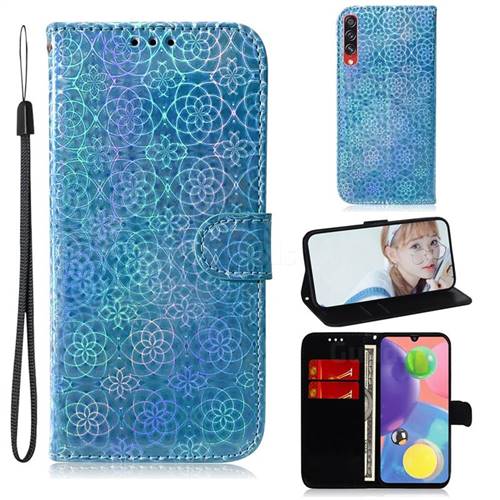 Laser Circle Shining Leather Wallet Phone Case for Samsung Galaxy A70s - Blue
