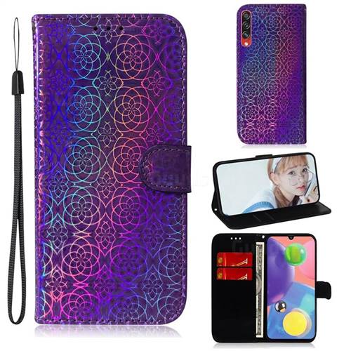 Laser Circle Shining Leather Wallet Phone Case for Samsung Galaxy A70s - Purple