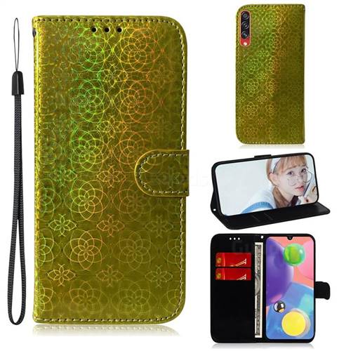 Laser Circle Shining Leather Wallet Phone Case for Samsung Galaxy A70s - Golden