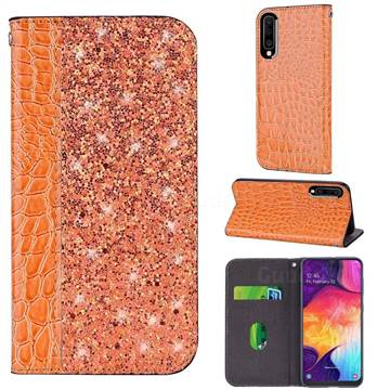 Shiny Crocodile Pattern Stitching Magnetic Closure Flip Holster Shockproof Phone Case for Samsung Galaxy A70s - Gold Orange