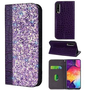 Shiny Crocodile Pattern Stitching Magnetic Closure Flip Holster Shockproof Phone Case for Samsung Galaxy A70s - Purple