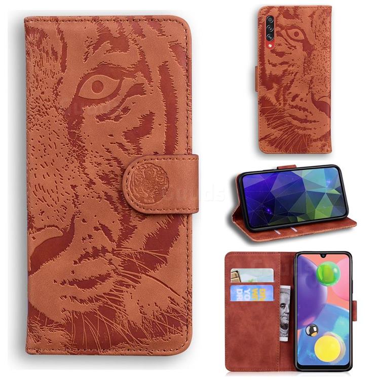 Intricate Embossing Tiger Face Leather Wallet Case for Samsung Galaxy A70s - Brown
