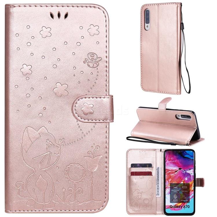 Embossing Bee and Cat Leather Wallet Case for Samsung Galaxy A70s - Rose Gold
