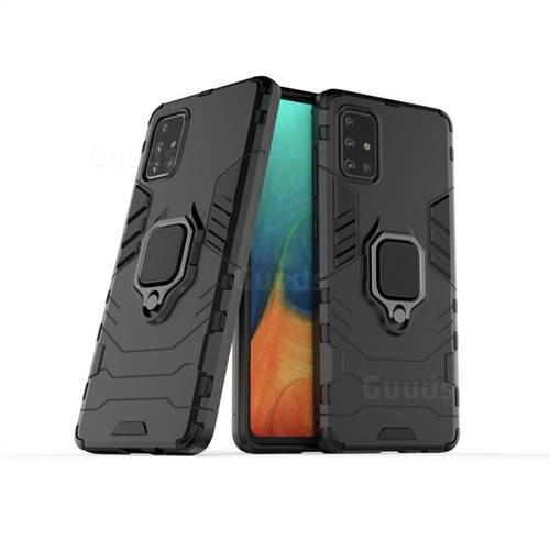 Black Panther Armor Metal Ring Grip Shockproof Dual Layer Rugged Hard Cover for Samsung Galaxy A71 4G - Black