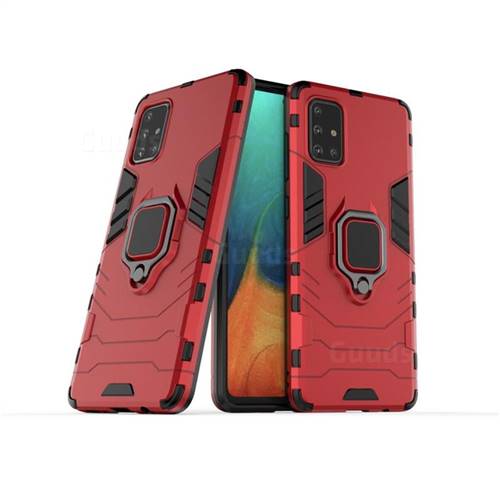 Black Panther Armor Metal Ring Grip Shockproof Dual Layer Rugged Hard Cover for Samsung Galaxy A71 4G - Red
