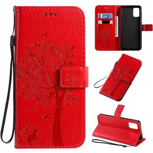 Embossing Butterfly Tree Leather Wallet Case for Samsung Galaxy A71 4G - Red