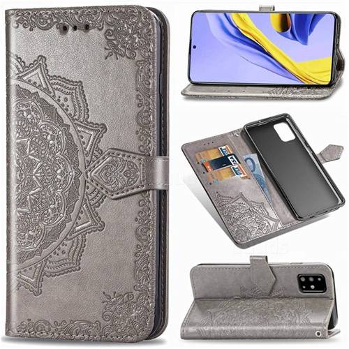 Embossing Imprint Mandala Flower Leather Wallet Case for Samsung Galaxy A71 4G - Gray