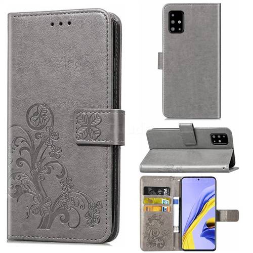 Embossing Imprint Four-Leaf Clover Leather Wallet Case for Samsung Galaxy A71 4G - Grey