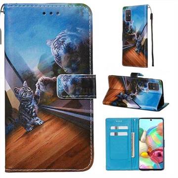 Mirror Cat Matte Leather Wallet Phone Case for Samsung Galaxy A71 4G